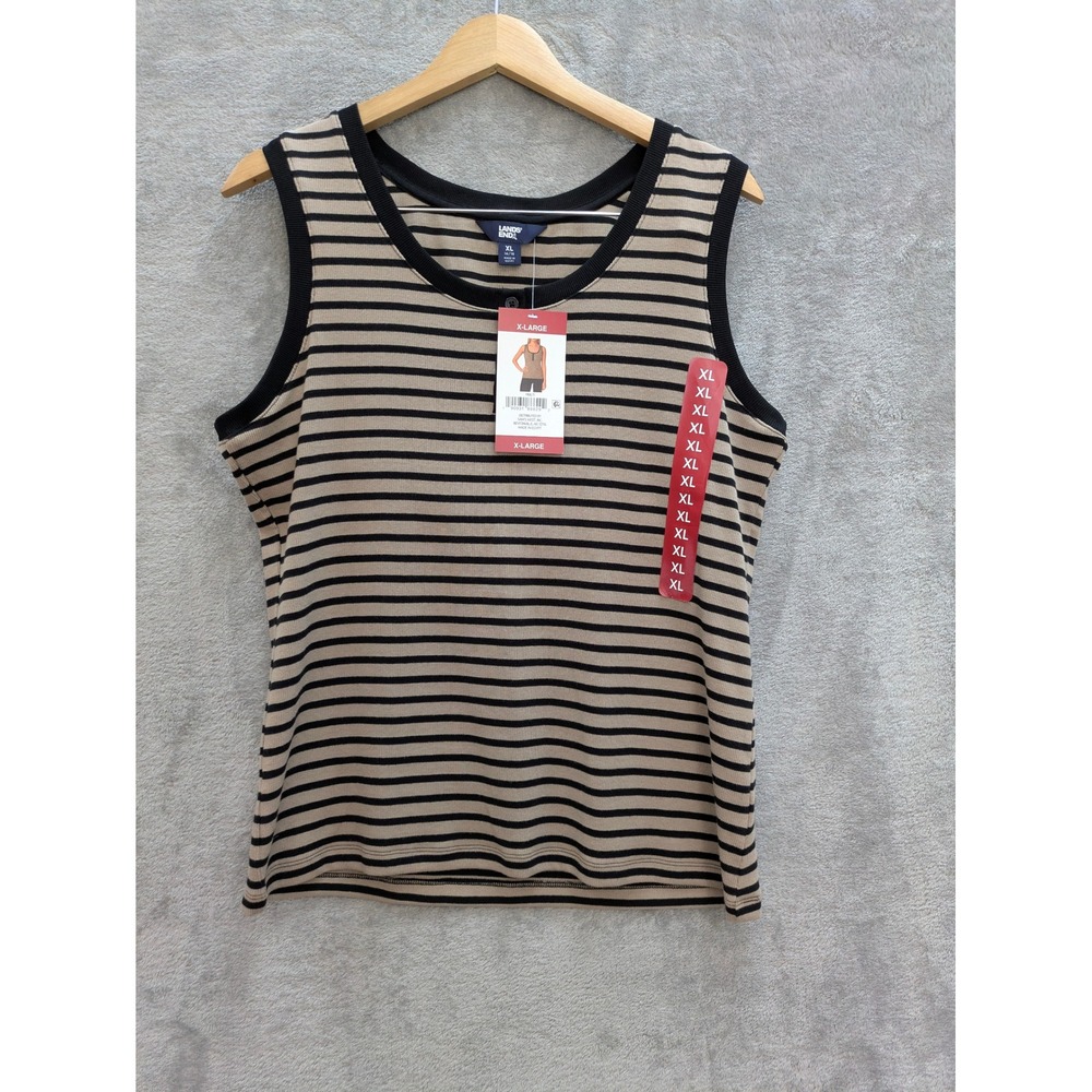 Classic Striped Ribbed Tank Top Women XL Tan Black Sleeveless Scoop Neck NWT